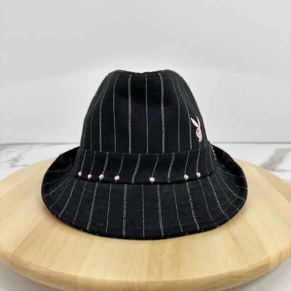 Vintage Y2K Playboy Bunny Fedora Hat Pinstripes Rhinestone S/M Black Pink - Picture 2 of 6